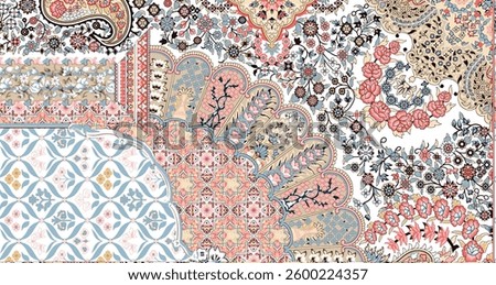 detailed and colorful textile pattern featuring paisley, floral, and geometric designs in a patchwork style, for textile, wallpaper, gift wrapping.