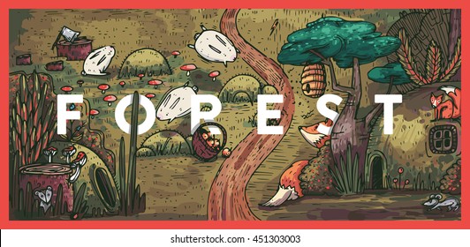 Detailed colorful vector illustration. Secret life in a fairy tale forest with animals, birds, plants and fantasy creatures