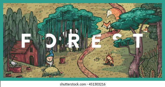 Detailed colorful vector illustration. Secret life in a fairy tale forest with animals, birds, plants and fantasy creatures