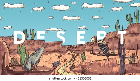 Detailed colorful vector illustration. Wild life in desert with animals, birds and plants