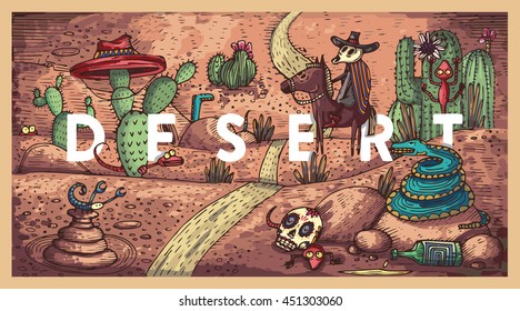 Detailed colorful vector illustration. Wild life in desert with animals, birds and plants