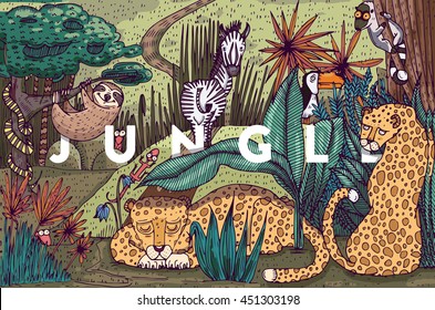 Detailed Colorful Vector Illustration. Wild Life In Jungle With Different Animals, Birds And Plants