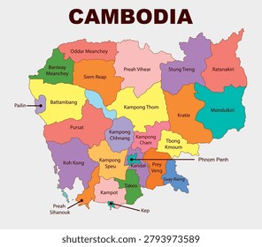 Detailed colorful vector map of Cambodia showing provinces, major cities, and regional administrative divisions.