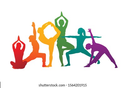 Detailed colorful vector silhouette yoga people illustration background. Fitness Concept. Gymnastics. Aerobics. Asanas, meditation, lotus position.