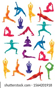 Detailed colorful vector silhouette yoga people illustration background. Fitness Concept. Gymnastics. Aerobics. Asanas, meditation, lotus position.