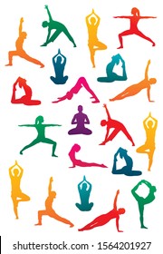 Detailed colorful vector silhouette yoga people illustration background. Fitness Concept. Gymnastics. Aerobics. Asanas, meditation, lotus position.