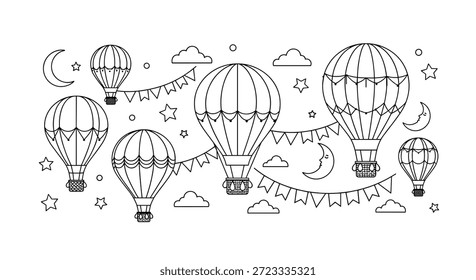 Detailed coloring page featuring multiple hot air balloons floating among clouds, crescent moons, and stars in a magical night sky.