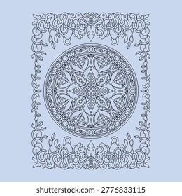 Detailed coloring page presenting a complex circular pattern surrounded by flowing leafy vines and swirling elements.