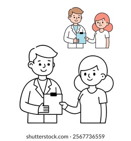 

A detailed coloring page showing a caring physician handing a medical prescription to a smiling female patient in a clinic setting, fostering a sense of trust and wellness.