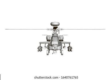 Detailed combat helicopter. Polygonal helicopter. Front view. 3D.