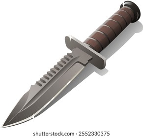 Un cuchillo de combate detallado con un borde dentado y un mango acanalado marrón, que muestra su nitidez y diseño resistente, ideal para temas de supervivencia o equipo militar