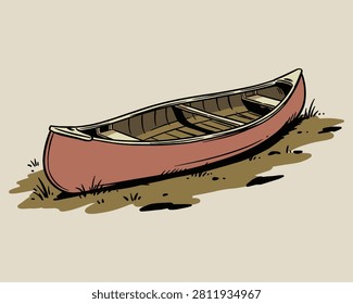 A detailed comic style illustration of a classic red open canoe resting on a sandy shore with grass.