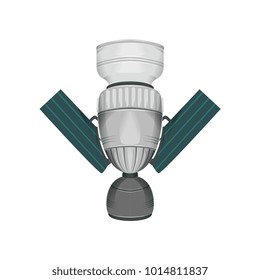 Detailed communication cosmos satellite with solar panels. Large space station for astronauts. Galaxy theme. Modern flying technology. Colorful flat vector design