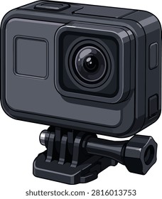 Detailed compact action camera illustration with wide lens mounting bracket and rugged outdoor recording styling for poster sticker editorial and technology design
