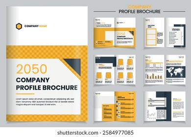 A detailed company profile brochure features a layout with various sections presenting business information, statistics, and visual branding components, facilitating effective communication.