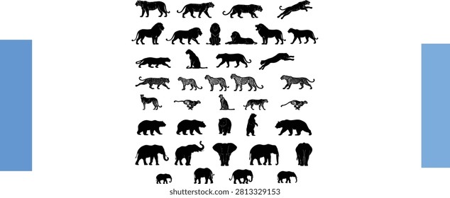 A detailed compilation of large feline and heavy mammal silhouettes for professional design