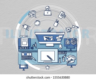 Detailed composition for promo poster about the profession of illustrator.