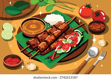 Detailed composition of satay skewers with peanut sauce rice vegetables and spices in flat illustration.
