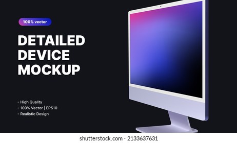 Detailed Computer Mockup. Realistic Monitor Side View with Editable Screen. Vector illustration