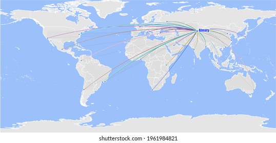 Detailed concept vector map for Almaty, Kazakhstan. The map shows Almaty, Kazakhstan's location in the world and other major cities around the World.