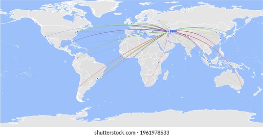 Detailed concept vector map for Baku, Azerbaijan. The map shows Baku, Azerbaijan's location in the world and other major cities around the World.