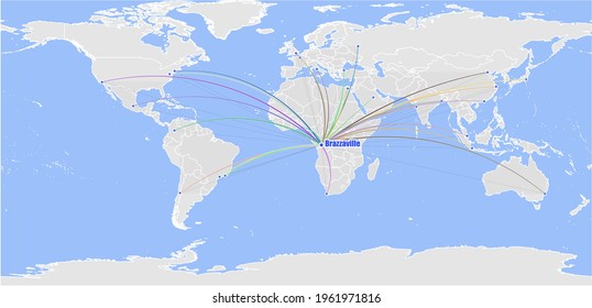 Mapa detallado del vector conceptual para Brazzaville, Congo (Brazzaville). El mapa muestra la ubicación de Brazzaville, Congo (Brazzaville) en el mundo y en otras grandes ciudades del mundo.
