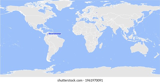 Detailed concept vector map for Bucaramanga, Colombia. The map shows Bucaramanga, Colombia's location in the world and other major cities around the World.