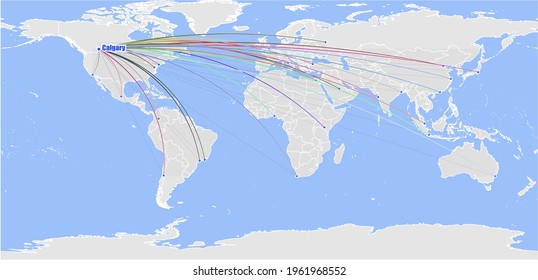 Detailed concept vector map for Calgary, Canada. The map shows Calgary, Canada's location in the world and other major cities around the World.