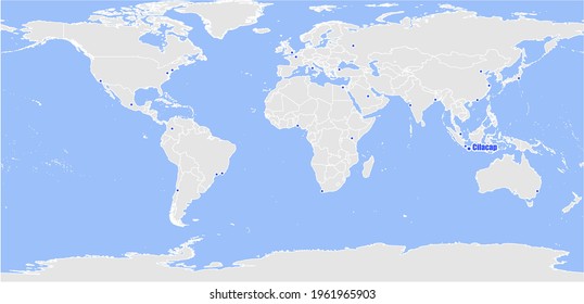 Detaillierte Konzept-Vektorkarte für Cilacap, Indonesien. Die Karte zeigt Cilacap, Indonesiens Lage in der Welt und andere große Städte auf der ganzen Welt.