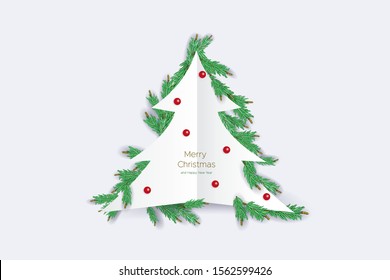 Detailed Coniferous christmas garland in paper shape of Christmas tree. Xmas border with fir branches. Realistic wreath tree for New Year design. Vector Pine needles to create your holiday mixed media