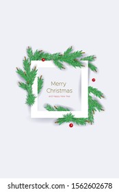 Detailed Coniferous christmas garland in Square Paper shape. Xmas border with green fir branches. Realistic wreath tree for New Year design. Vector Pine needles to create your  mixed media for holiday