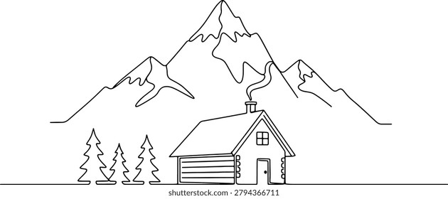 Detailed continuous line illustration of log cabin cottage nestled in front of high mountains and evergreen trees. Minimalist rural landscape design for camping and mountain lodge marketing vector.