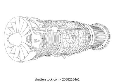 Contorno detallado de una turbina de aeronaves a partir de líneas negras aisladas en un fondo blanco. Ilustración del vector