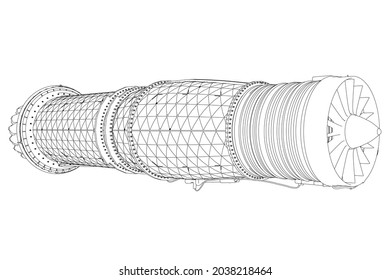 Detailed contour of an aircraft turbine from black lines isolated on a white background. Vector illustration