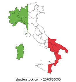 Detailed contour map of Italy in the color of the flag of Italy. Vector Illustration.