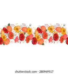 El contorno detallado es un cepillo de patrón sin fisuras con gerbera y bayas en blanco.  Textura horizontal infinita para tu diseño para tu diseño, tarjetas de felicitación, anuncios, afiches. 