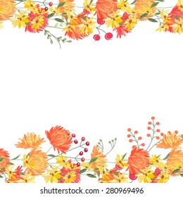 Detailed contour square frame with gerbera and berries. Greeting card template for your design, greeting cards, announcements, posters. 