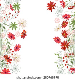 Detailed contour square frame with herbs, daisy and other flowers isolated on white. Greeting card for your design, greeting cards, wedding announcements, posters. 