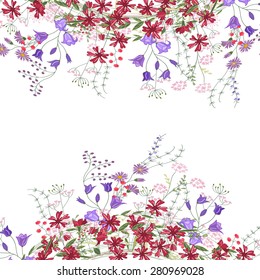 Detailed contour square frame with herbs, bluebells and wild flowers isolated on white. Greeting card for your design, greeting cards, wedding announcements, posters. 