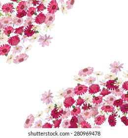Marco cuadrado de contorno detallado con hierbas, gerbera y otras flores aisladas en blanco. Tarjeta de felicitación para su diseño, tarjetas de felicitación, anuncios de boda, carteles. 