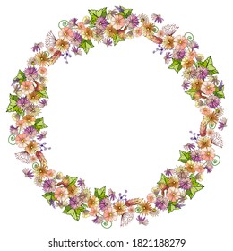 Detailed contour wreath with flowers, herbs, leaves isolated on white