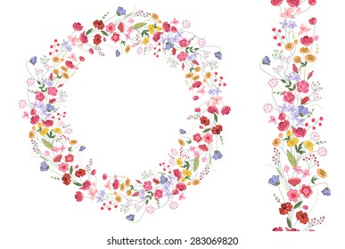 Detailed contour wreath with herbs and bright wild stylized flowers isolated on white. Round frame for your design, greeting cards, wedding announcements, posters. Seamless pattern brush.