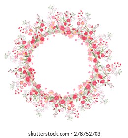 Detailed contour wreath with herbs, roses and wild flowers isolated on white. Round frame for your design, greeting cards, wedding announcements, posters. 