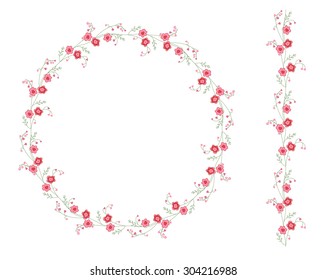 Detailed contour wreath with herbs, tulips and wild flowers isolated on white. Round frame for your design, greeting cards, announcements, posters. 