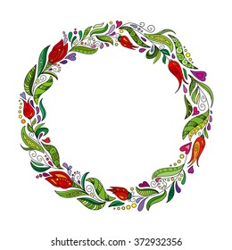 Detailed contour wreath with herbs, tulips and wild leaves isolated on white. Round frame for your design, greeting cards, announcements, posters.