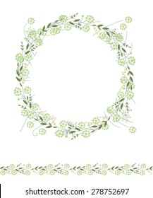 Correa de contorno detallada y cepillo de patrón sin fisuras con hierbas y flores silvestres aisladas en blanco. Textura horizontal infinita para tu diseño, tarjetas de felicitación, anuncios, afiches. 