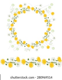 Detailed contour wreath and seamless pattern brush with dandelions and herbs isolated on white. Endless horizontal texture for your design, greeting cards, announcements, posters. 