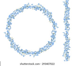 Detailed contour wreath and seamless pattern brush with forget-me-nots isolated on white. Endless horizontal texture for your design