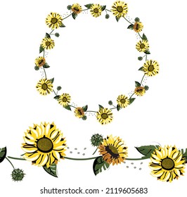 Detailed contour wreath with yellow sunflowers with green leaves isolated on white. Round frame for your design, greeting cards, wedding announcements, posters. Seamless pattern brush.