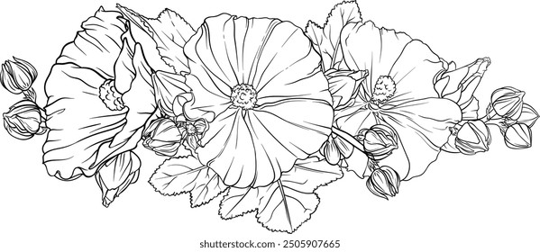 A detailed and contoured illustration of a lush green mallow branch with many leaves, buds and colorful inflorescences. An elegant image of hollyhock flowers on a transparent background